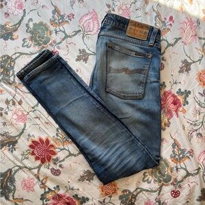 Vintage Nudie Jeans 31 32 faded and patched to perfection